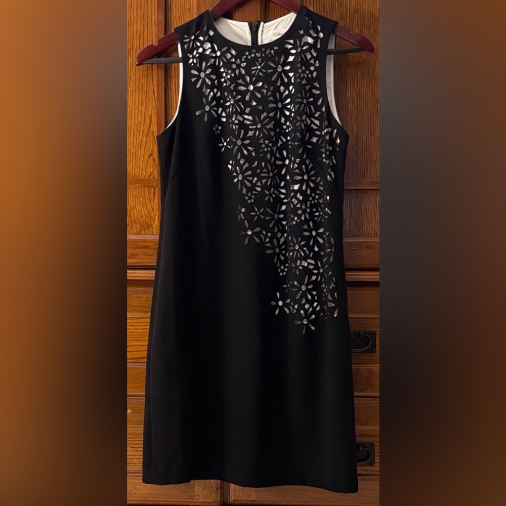 Calvin Klein Sleeveless Laser Cut Out Shift Midi Cocktail Little Black Dress LBD